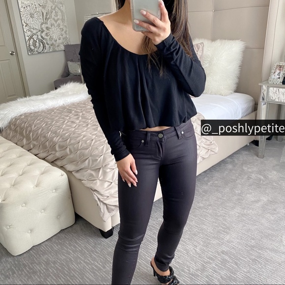 Free People Waffle Knit Thermal Long Sleeve black crop Top - Picture 12 of 15